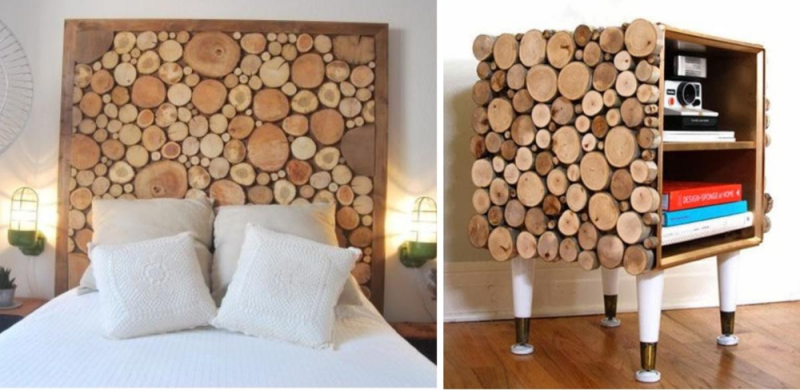 Odun parçaları kullanılarak yatak odası duvarı dekorasyon örneği